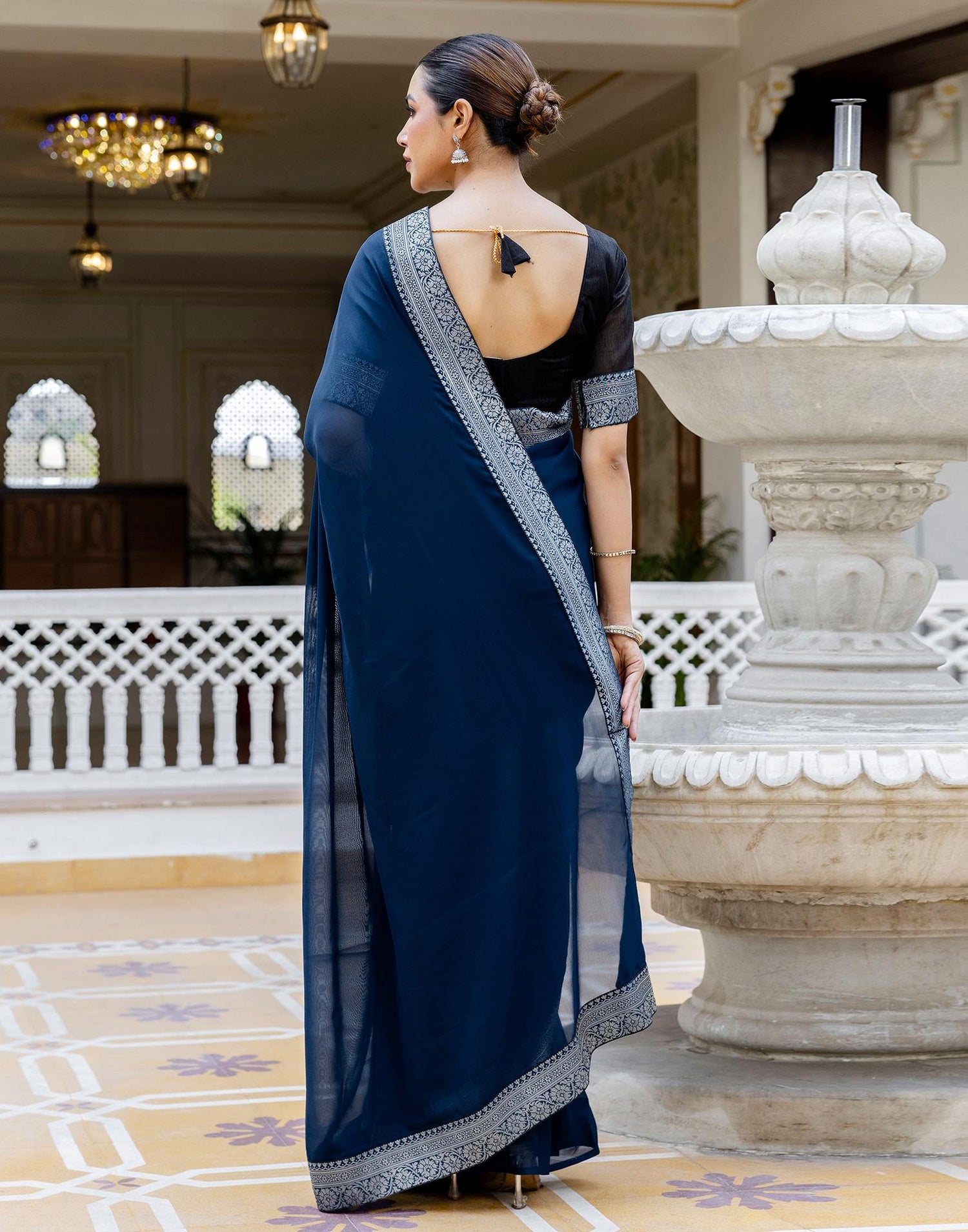 Navy Blue Georgette Woven Lace Saree
