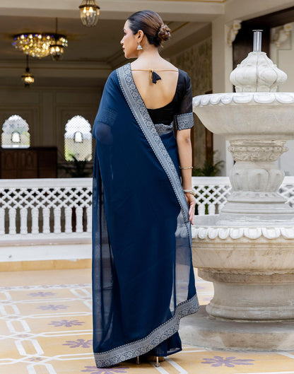 Navy Blue Georgette Woven Lace Saree