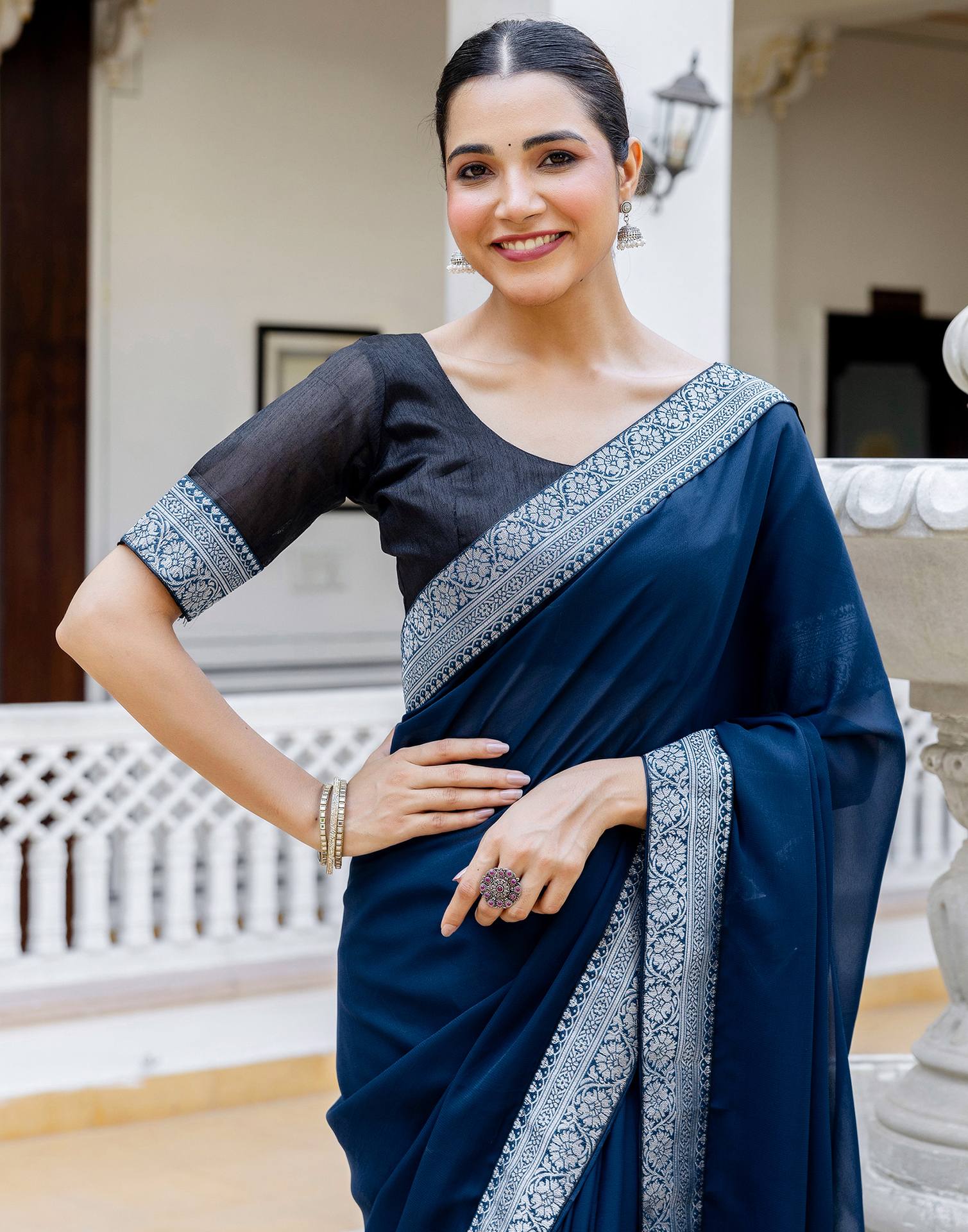 Navy Blue Georgette Woven Lace Saree