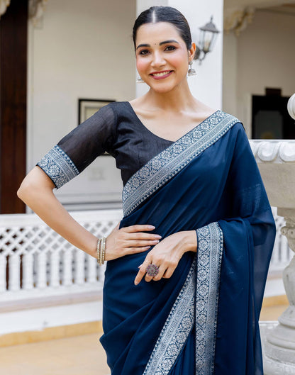 Navy Blue Georgette Woven Lace Saree