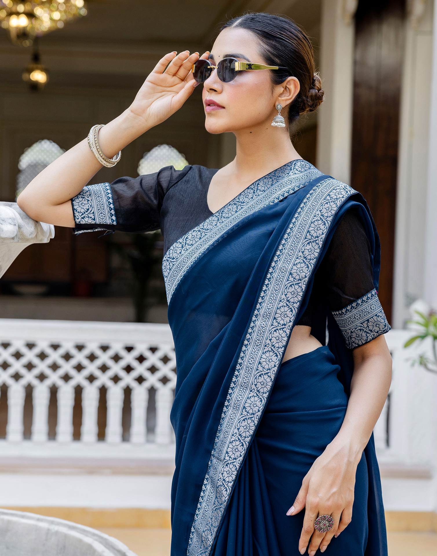 Navy Blue Georgette Woven Lace Saree