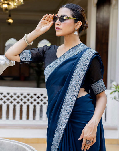 Navy Blue Georgette Woven Lace Saree