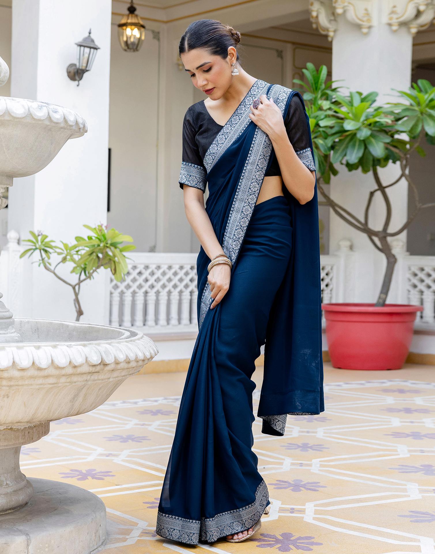 Navy Blue Georgette Woven Lace Saree