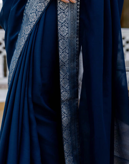 Navy Blue Georgette Woven Lace Saree