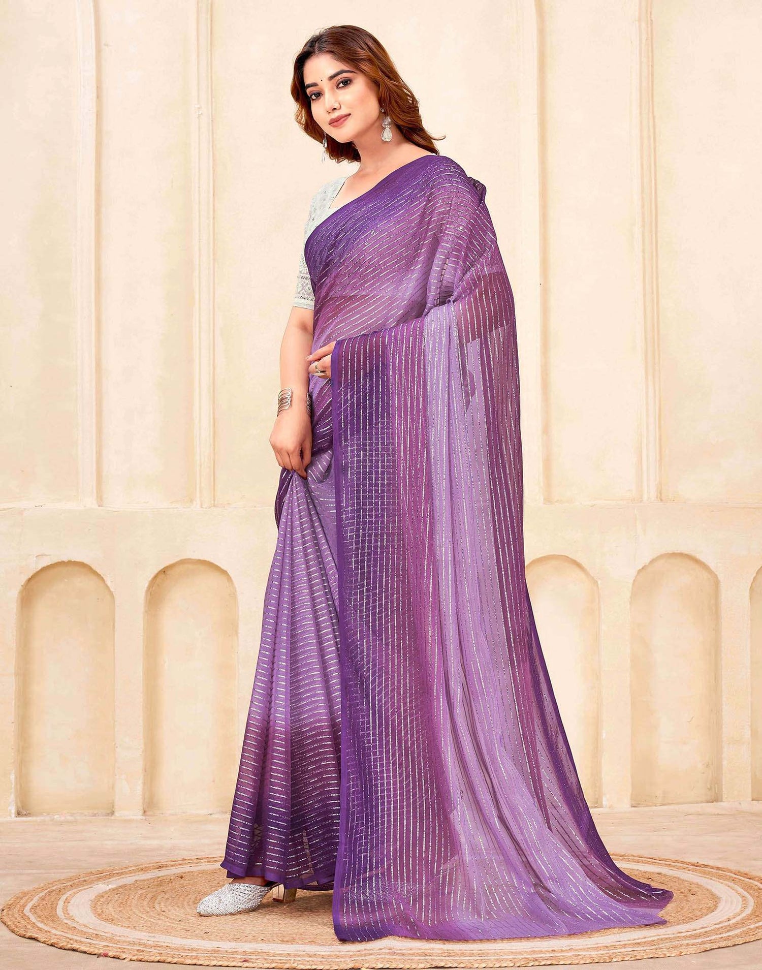 Purple Georgette Zari Stripe Saree
