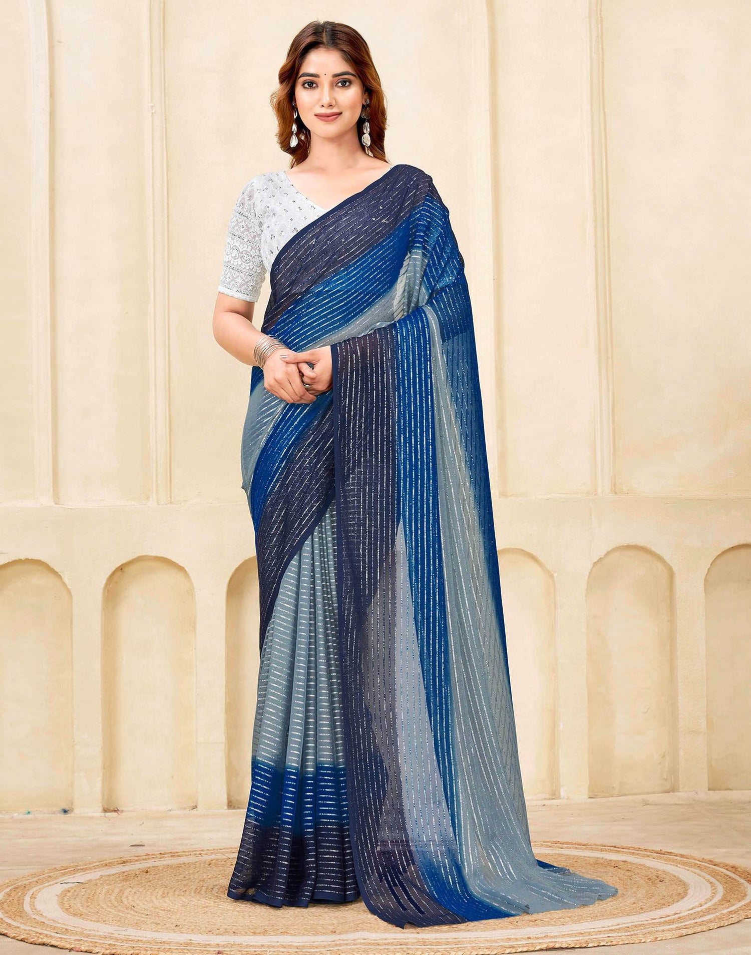 Navy Blue Georgette Zari Stripe Saree