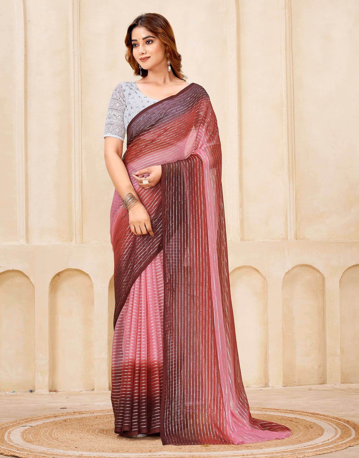 Wine Georgette Zari Stripe Saree