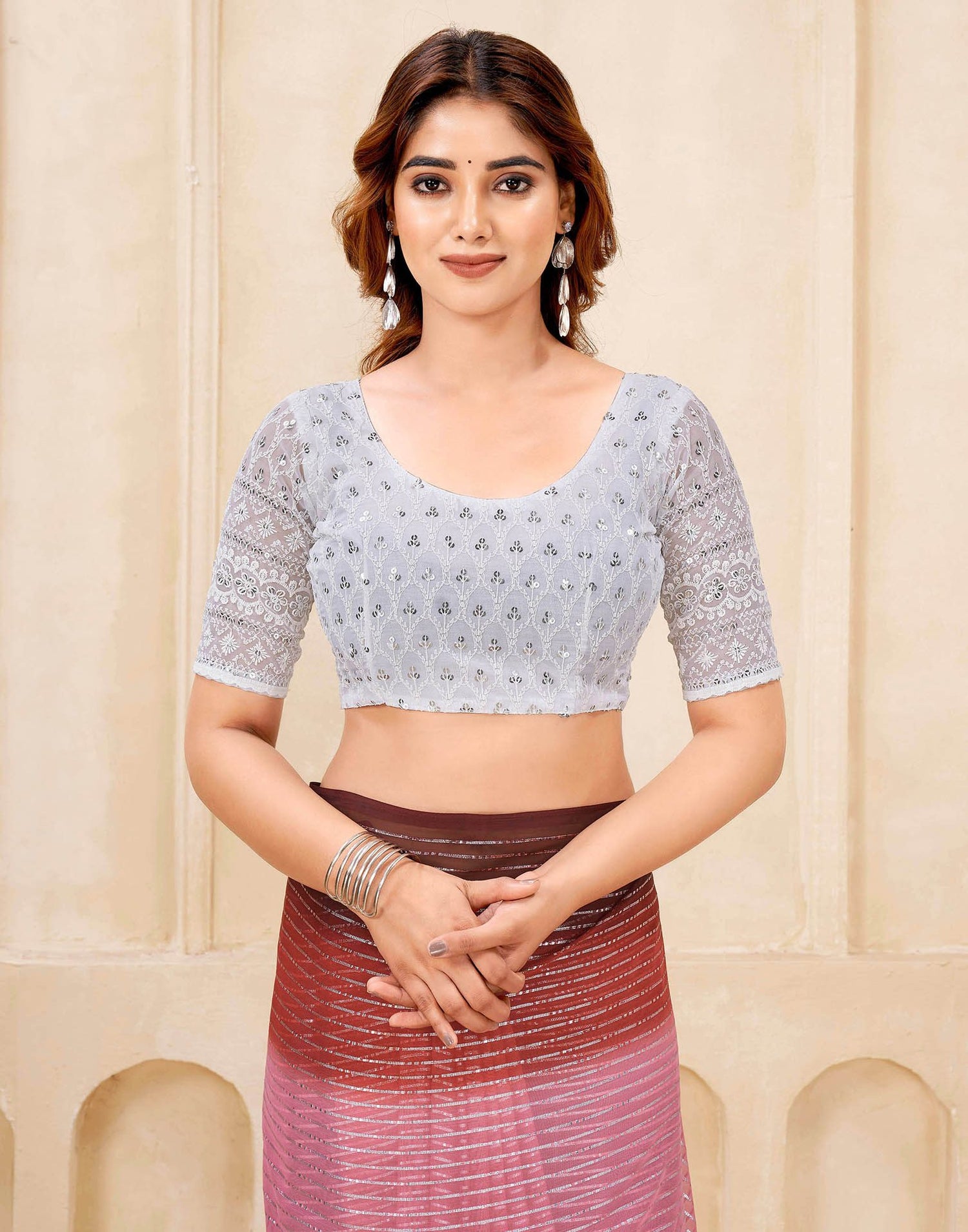 Wine Georgette Zari Stripe Saree
