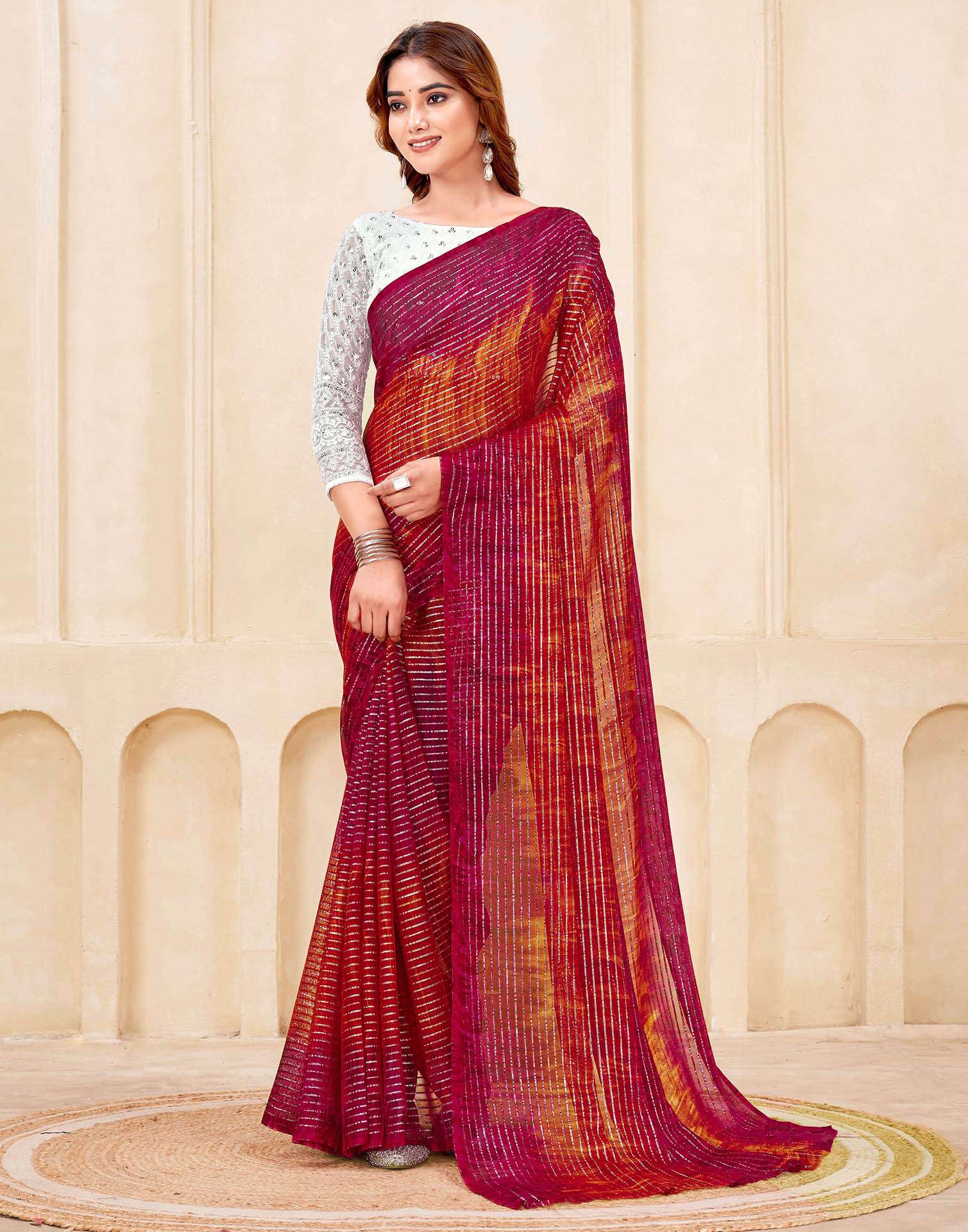 Dark Pink Georgette Zari Stripe Saree