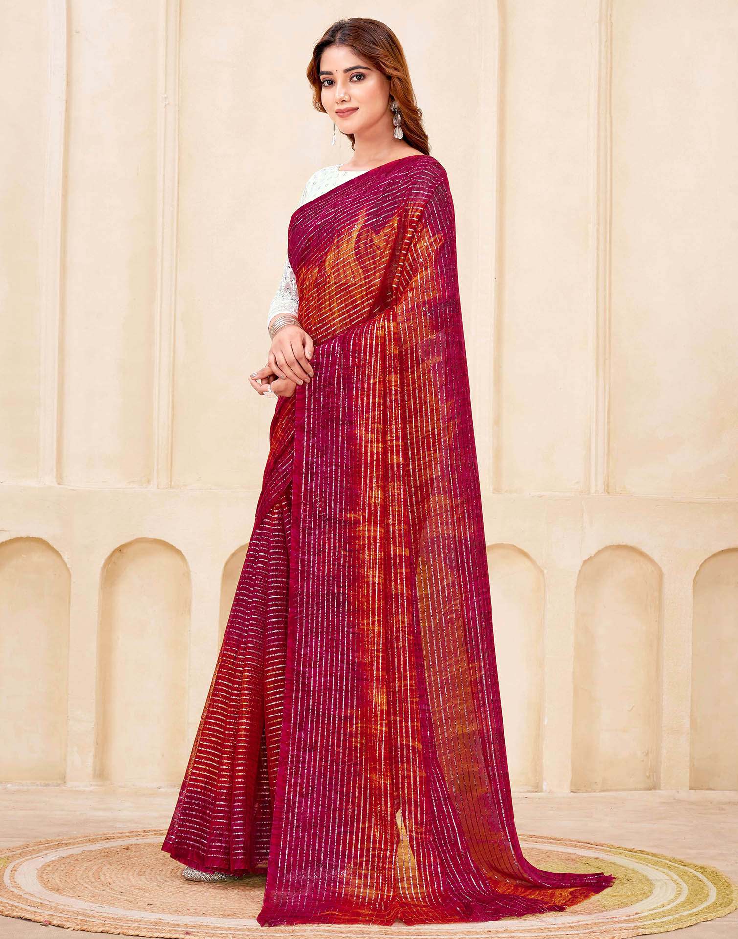 Dark Pink Georgette Zari Stripe Saree