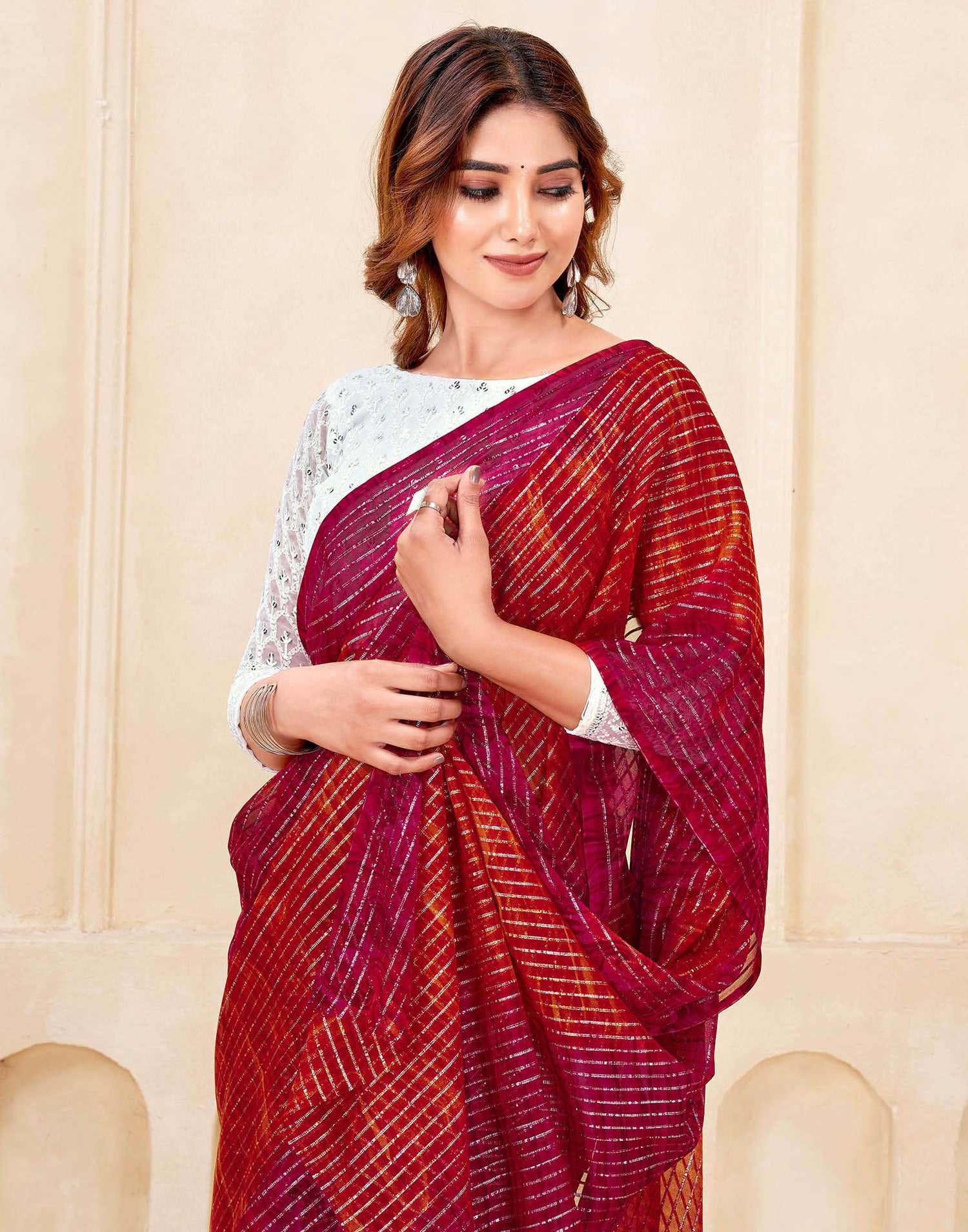 Dark Pink Georgette Zari Stripe Saree