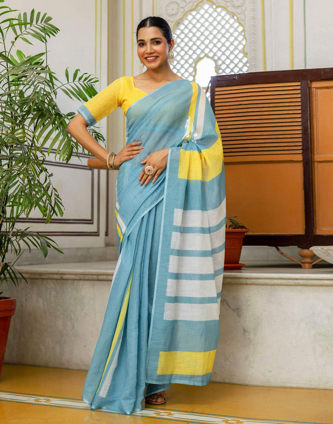 Light Teal Blue Linen Printed Saree