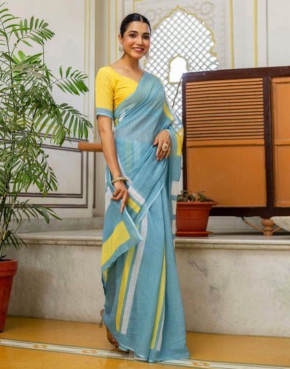 Light Teal Blue Linen Printed Saree