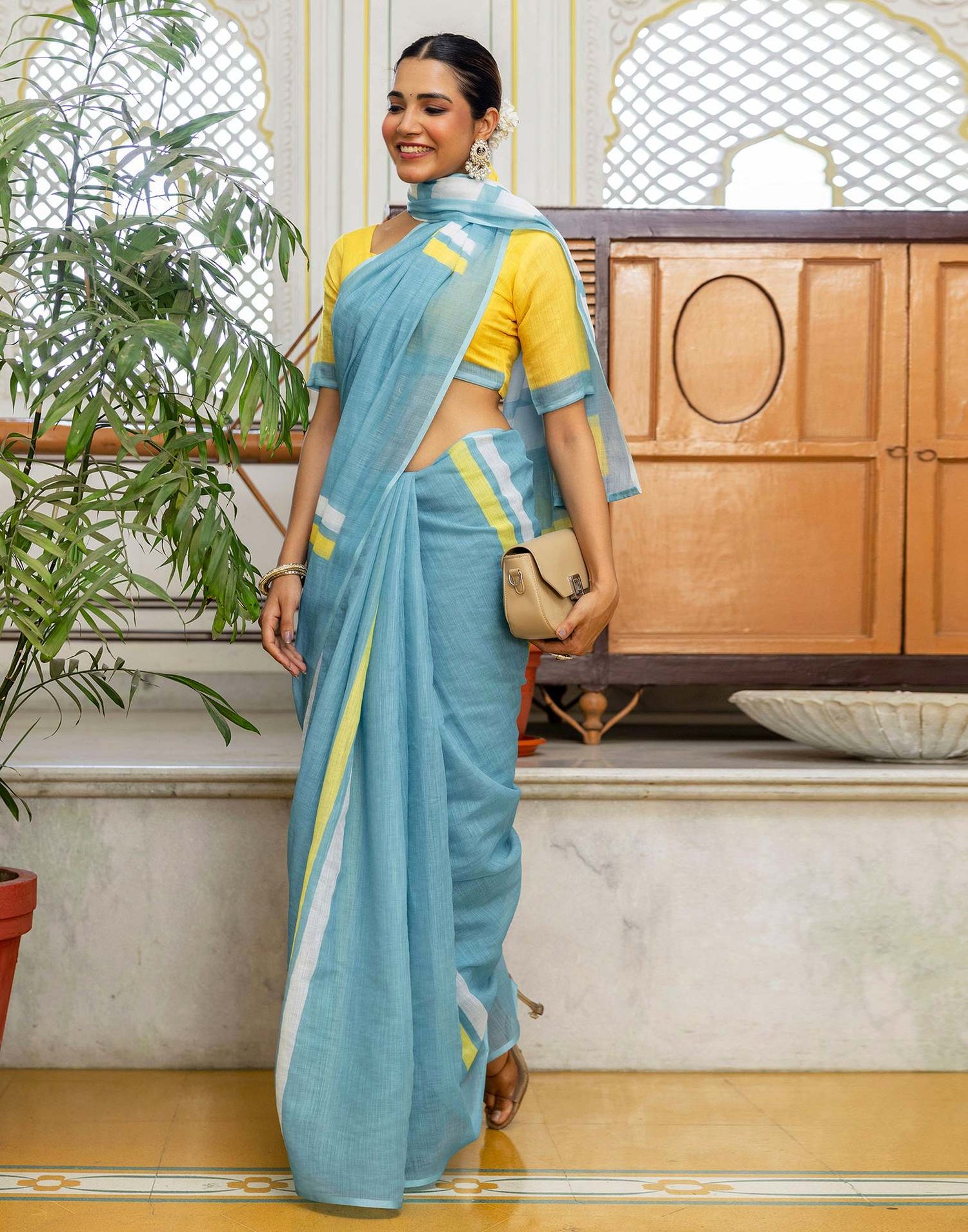 Light Teal Blue Linen Printed Saree