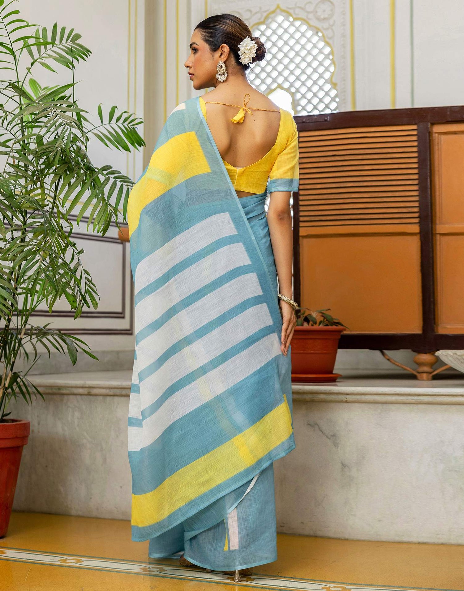 Light Teal Blue Linen Printed Saree
