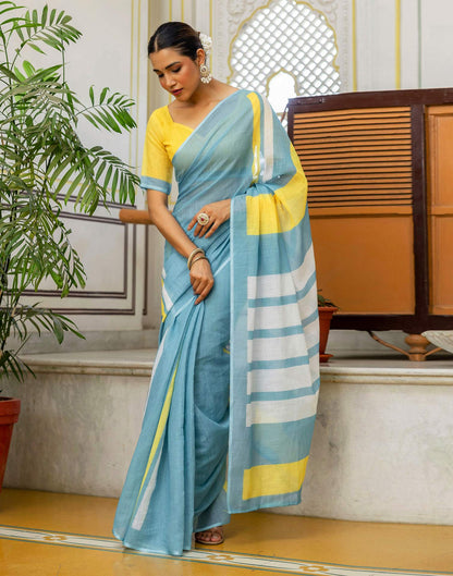 Light Teal Blue Linen Printed Saree