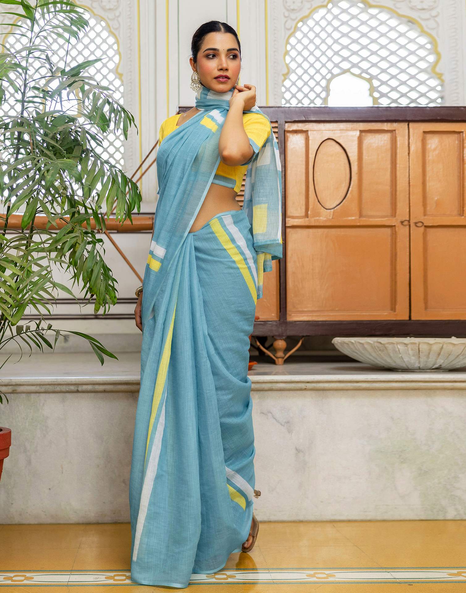 Light Teal Blue Linen Printed Saree