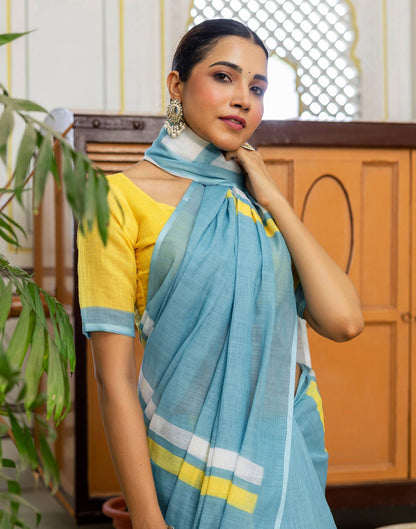 Light Teal Blue Linen Printed Saree