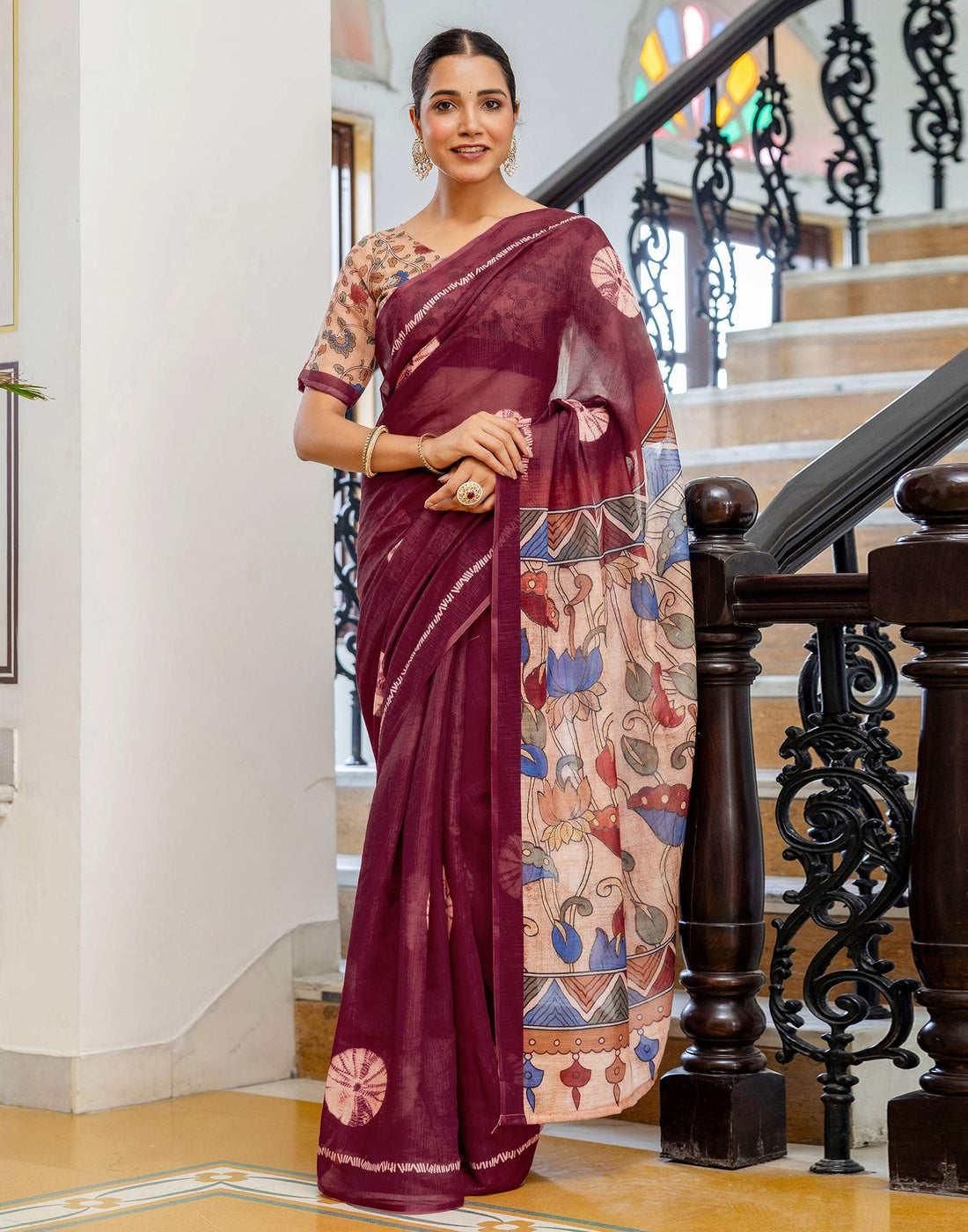 Wine Linen Printed Saree