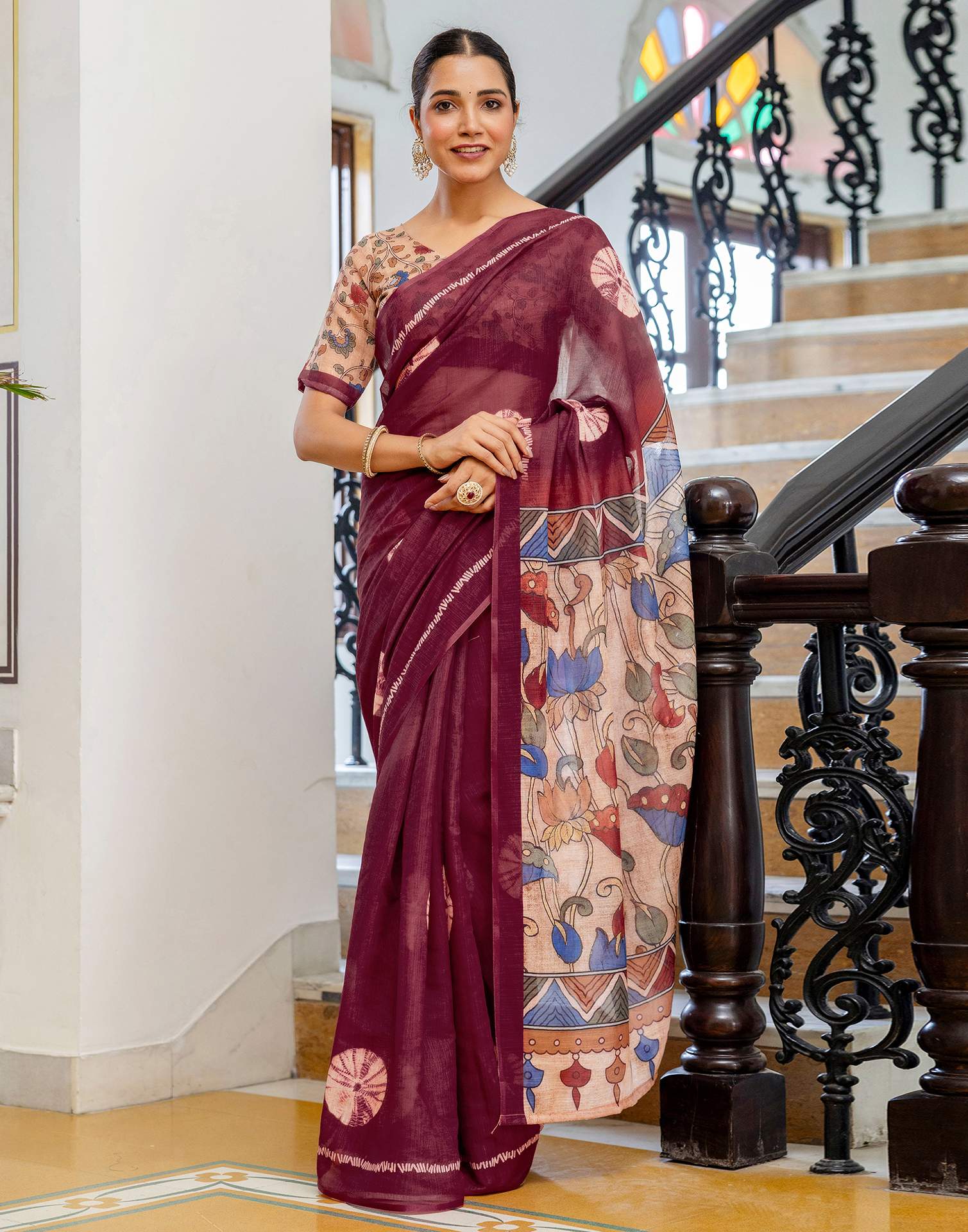 Wine Linen Printed Saree