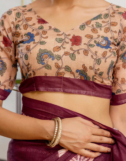 Wine Linen Printed Saree