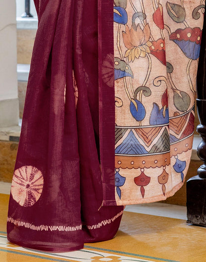 Wine Linen Printed Saree