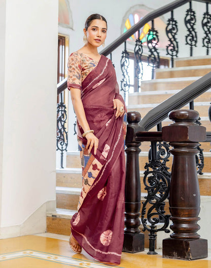 Wine Linen Printed Saree
