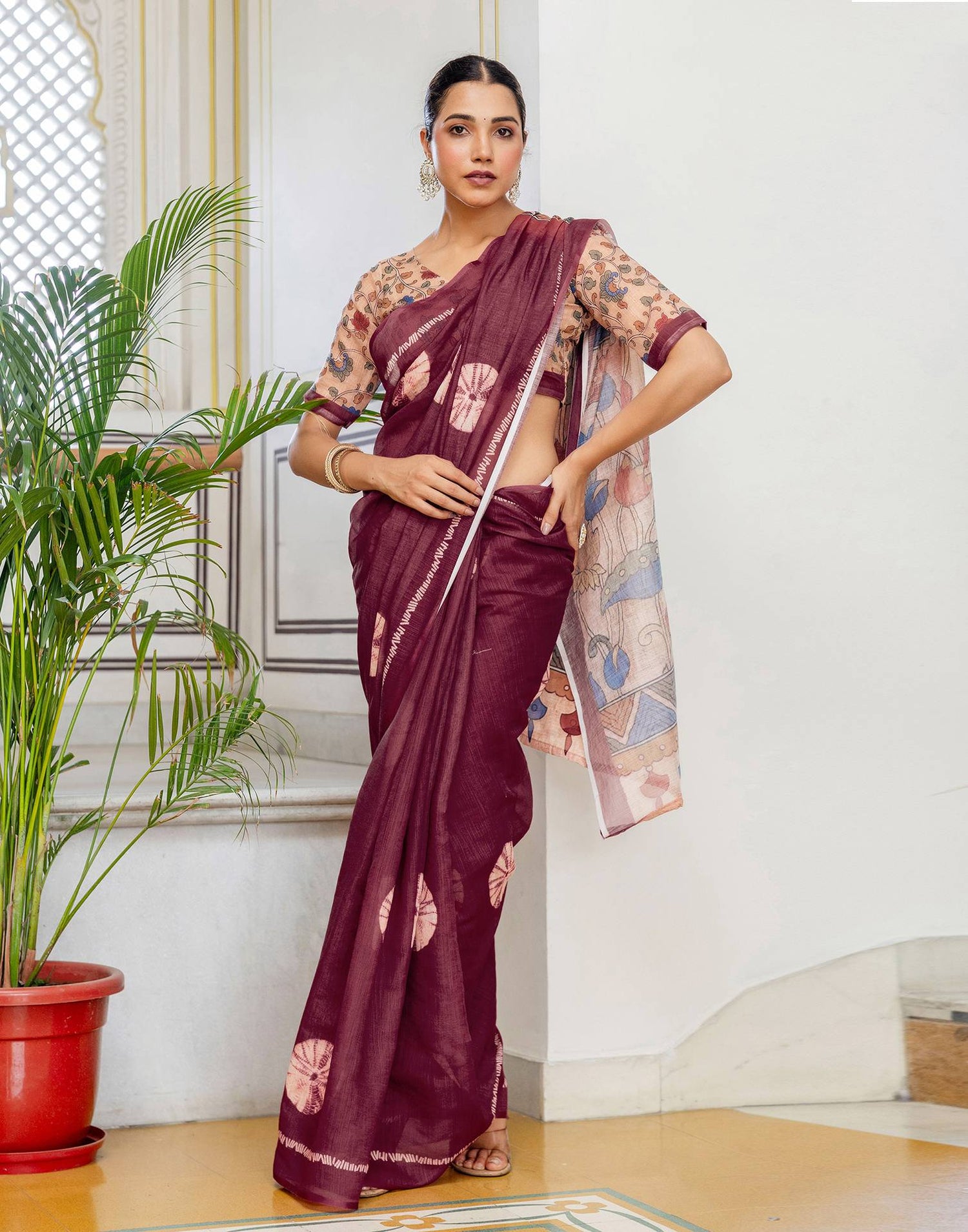 Wine Linen Printed Saree