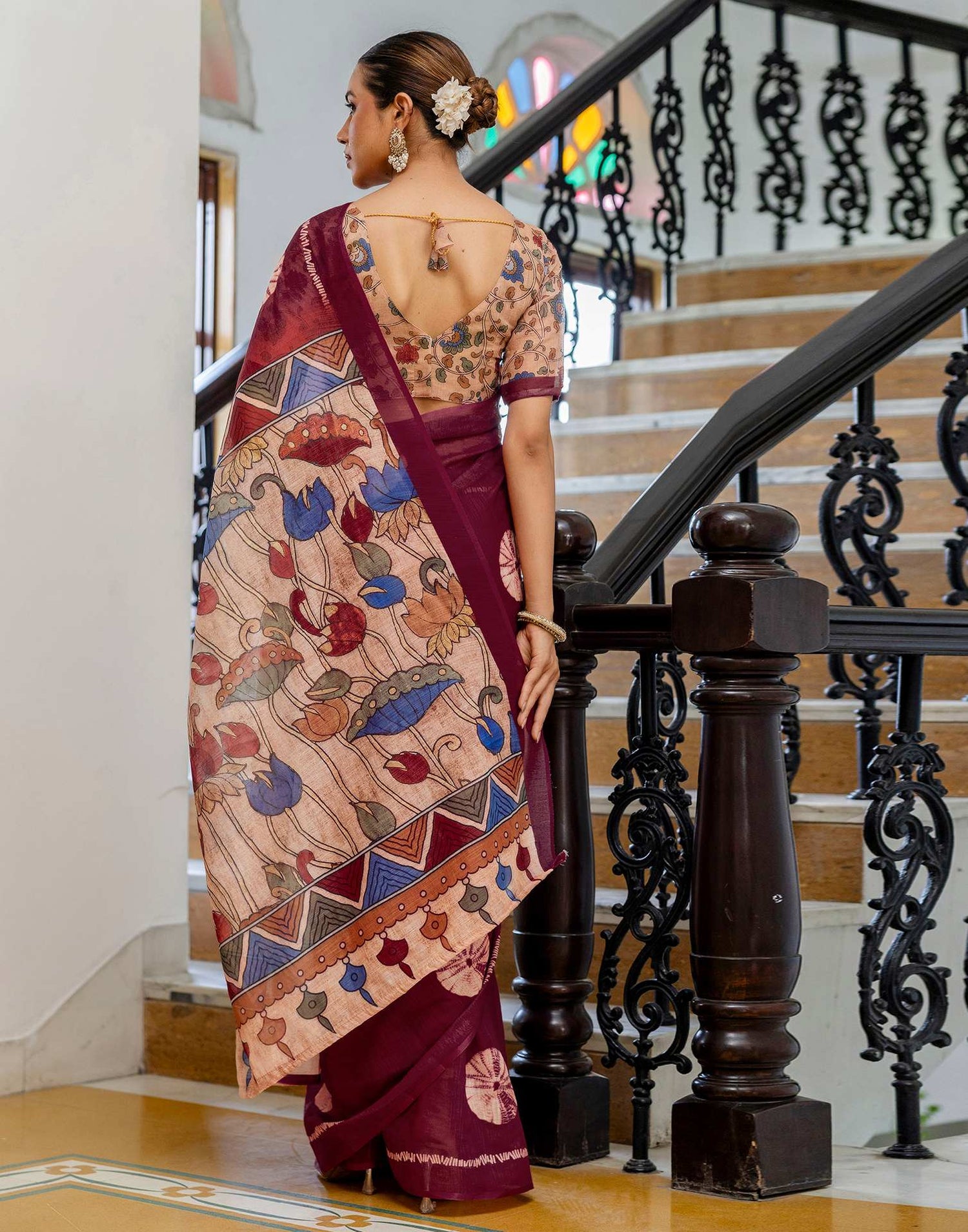 Wine Linen Printed Saree