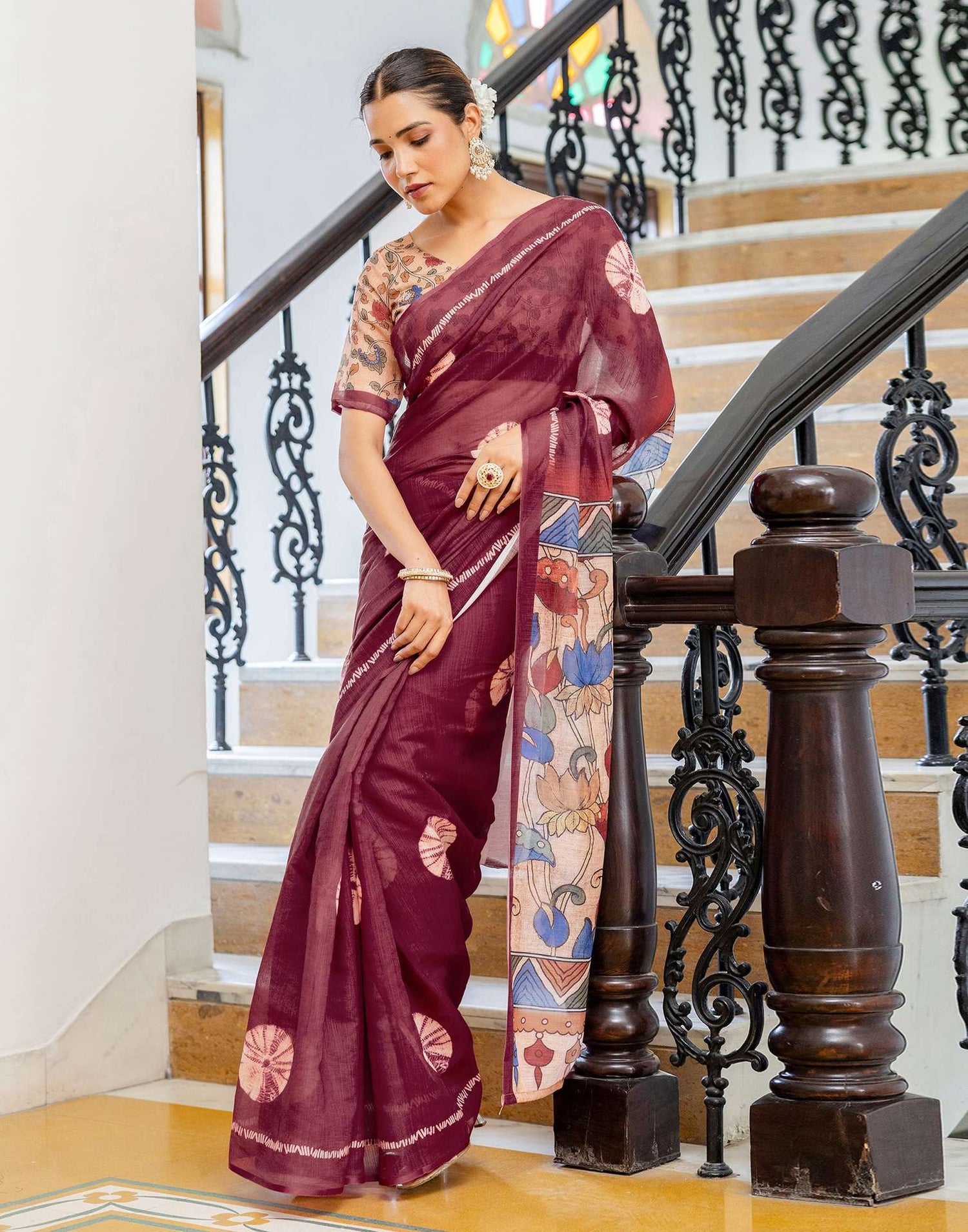 Wine Linen Printed Saree