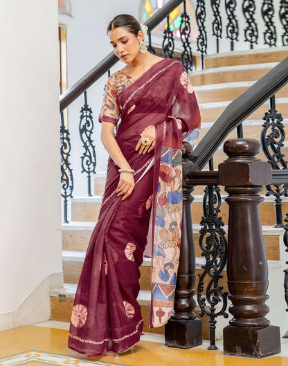 Wine Linen Printed Saree