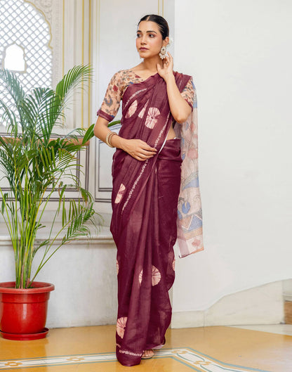 Wine Linen Printed Saree