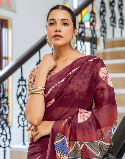 Wine Linen Printed Saree