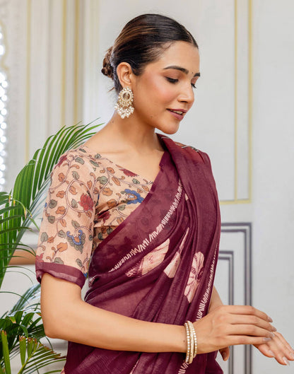 Wine Linen Printed Saree