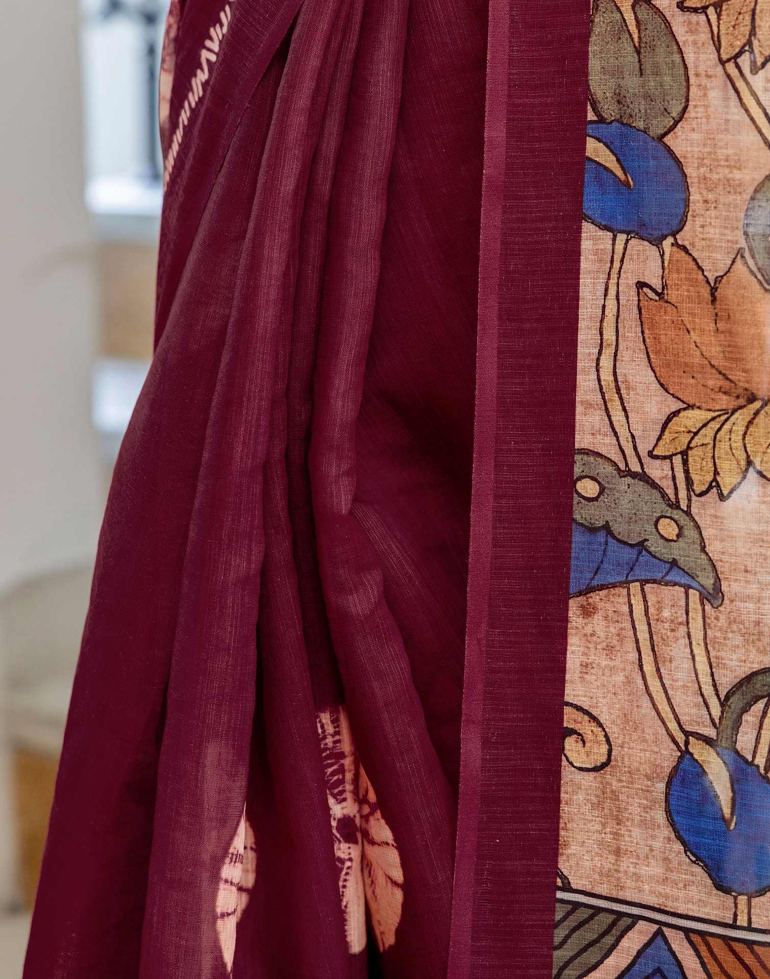 Wine Linen Printed Saree