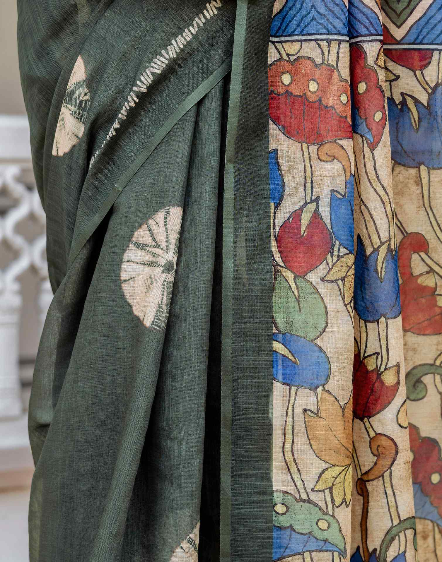 Dark Sage Green Linen Printed Saree