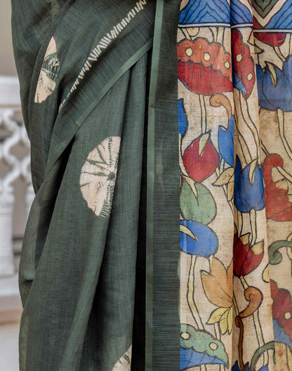 Dark Sage Green Linen Printed Saree