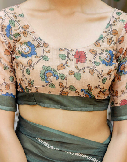 Dark Sage Green Linen Printed Saree