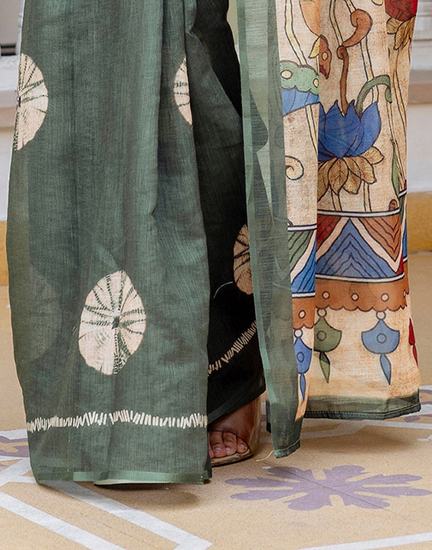 Dark Sage Green Linen Printed Saree