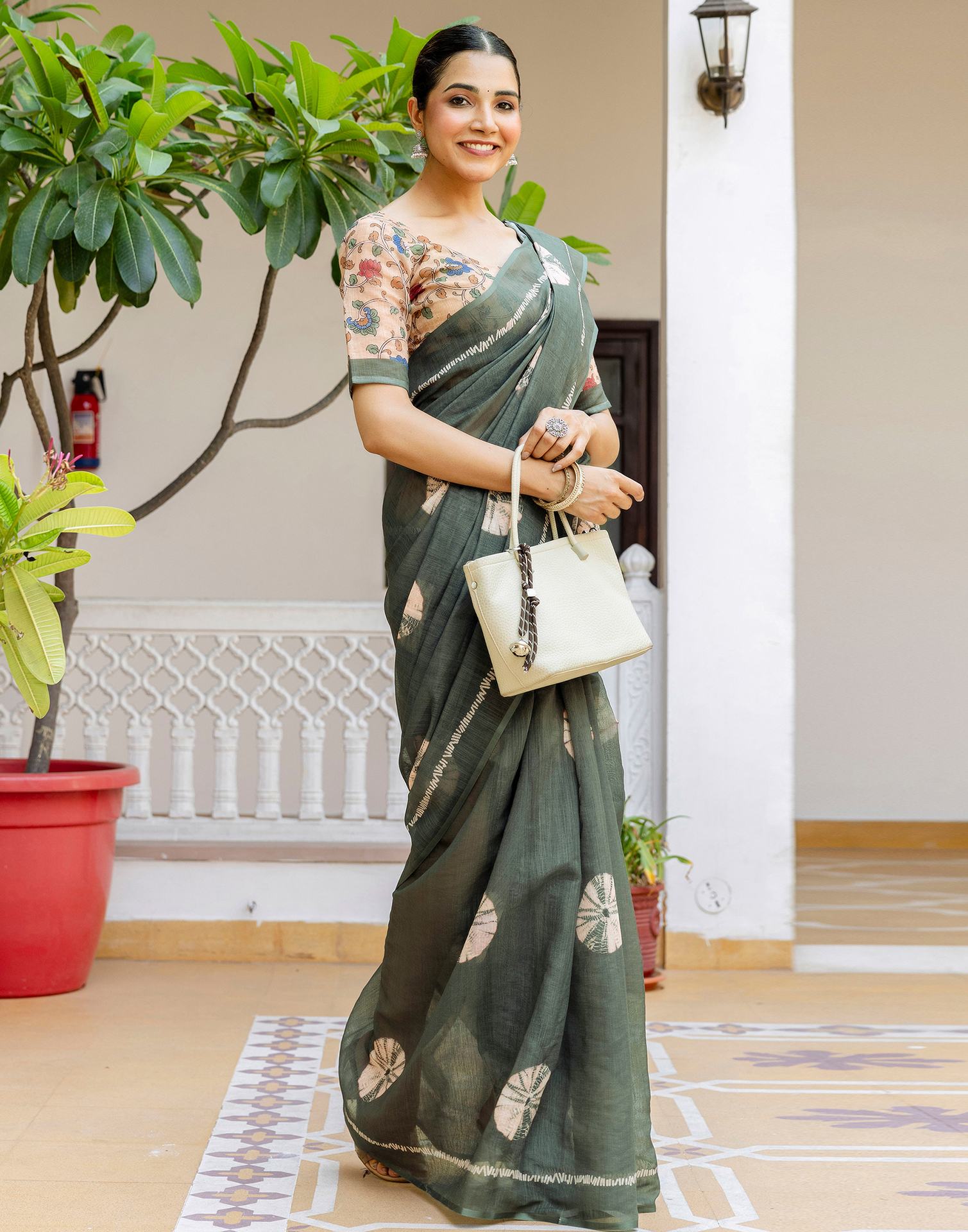 Dark Sage Green Linen Printed Saree
