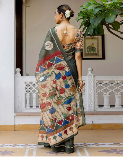 Dark Sage Green Linen Printed Saree