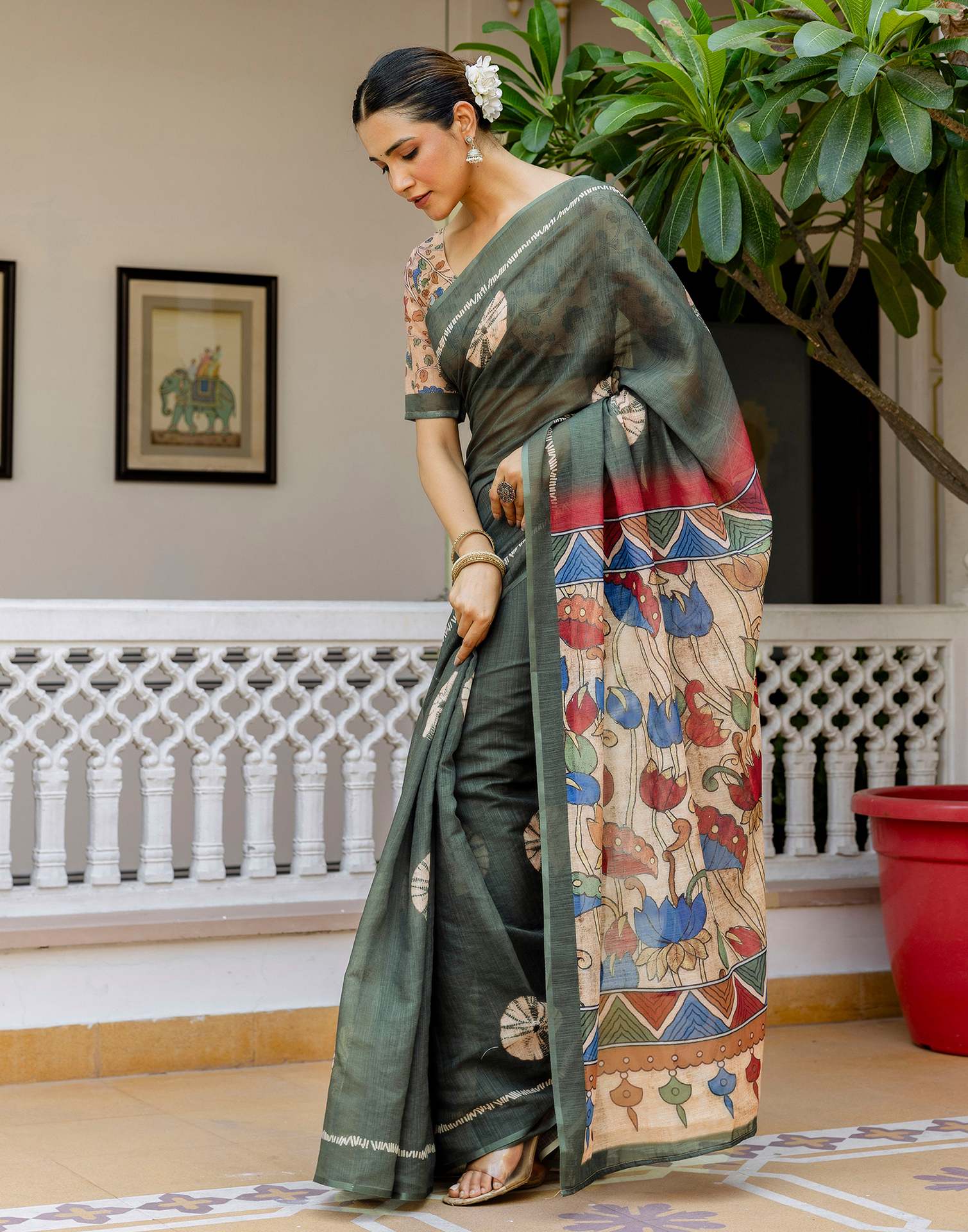 Dark Sage Green Linen Printed Saree