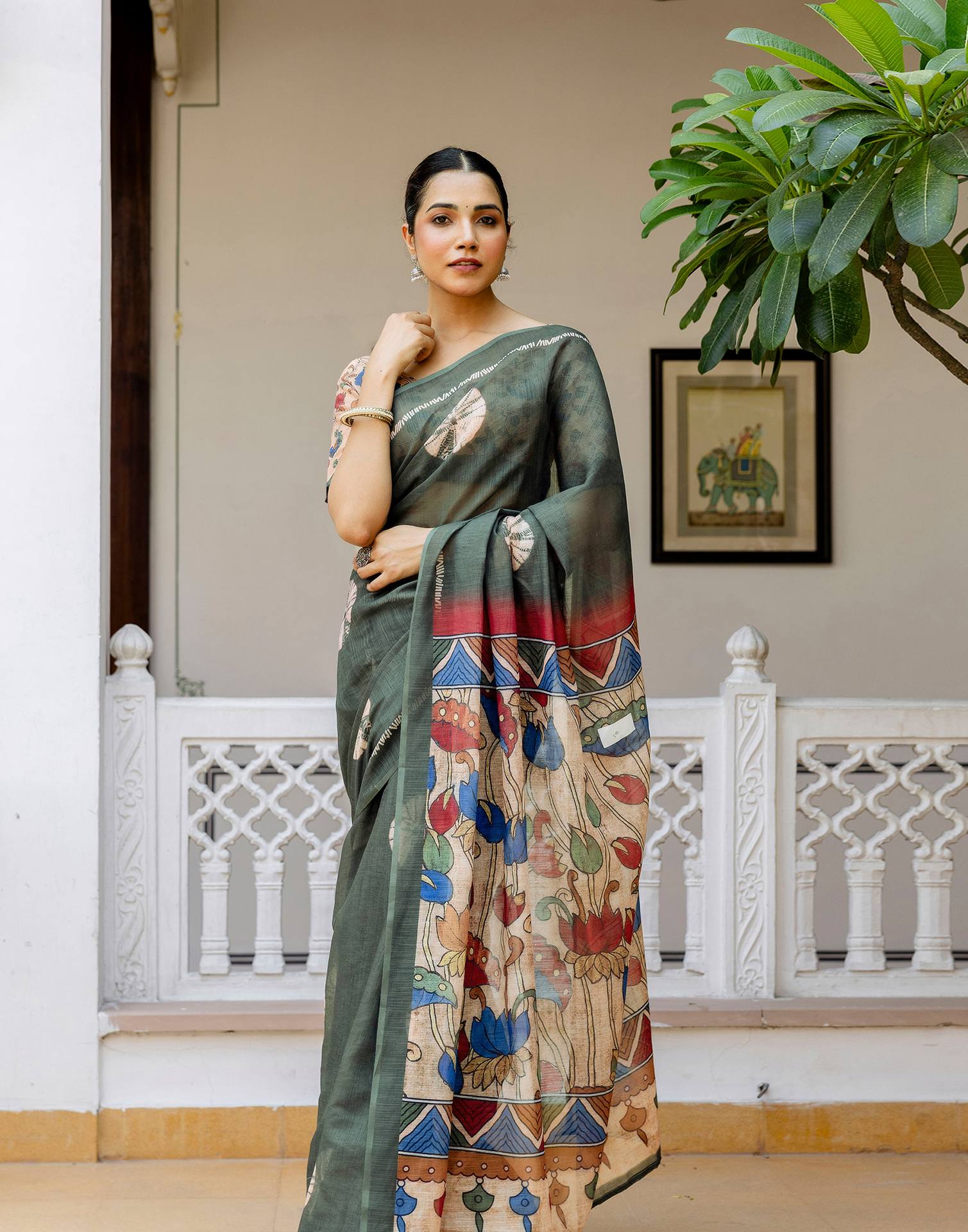 Dark Sage Green Linen Printed Saree