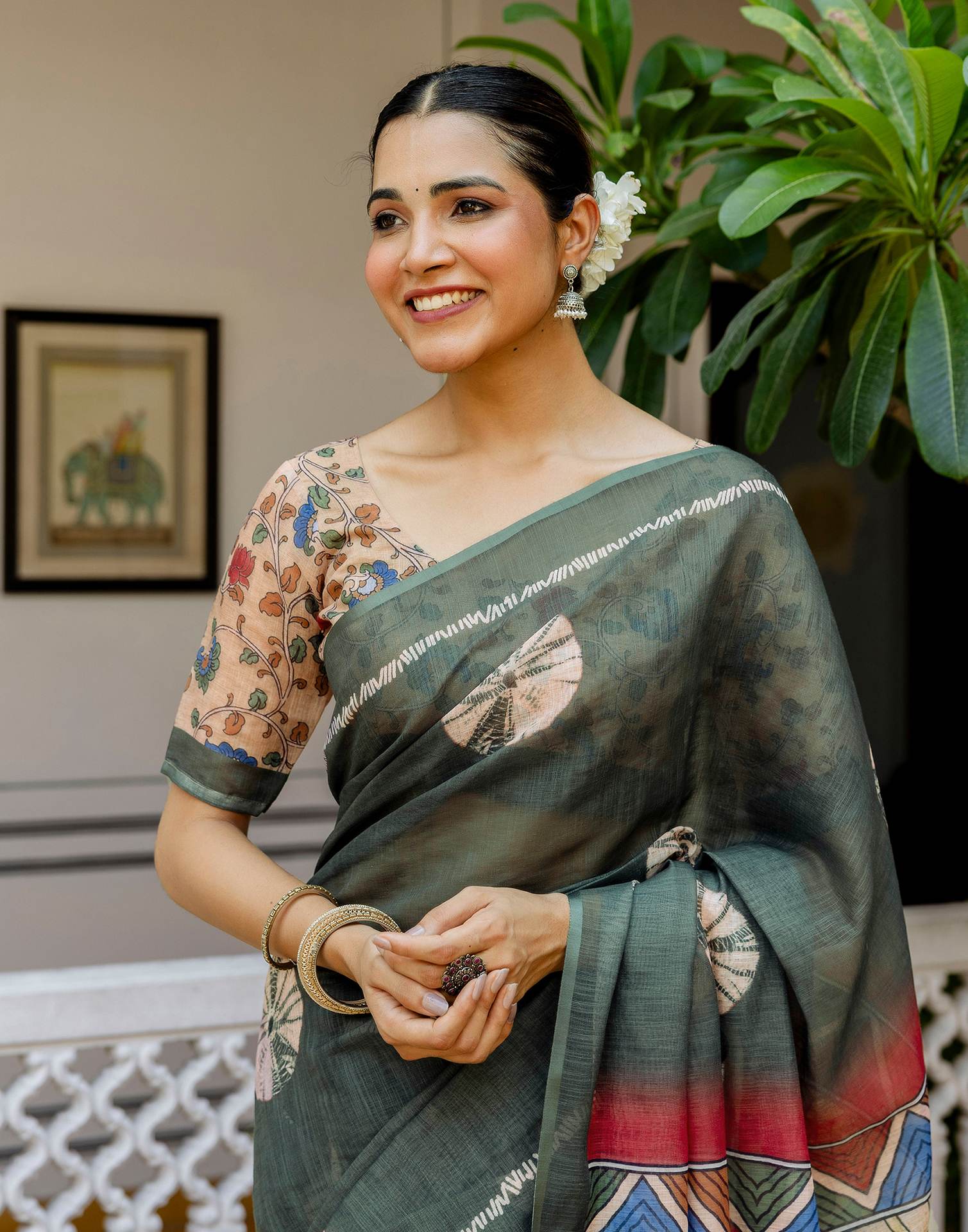 Dark Sage Green Linen Printed Saree