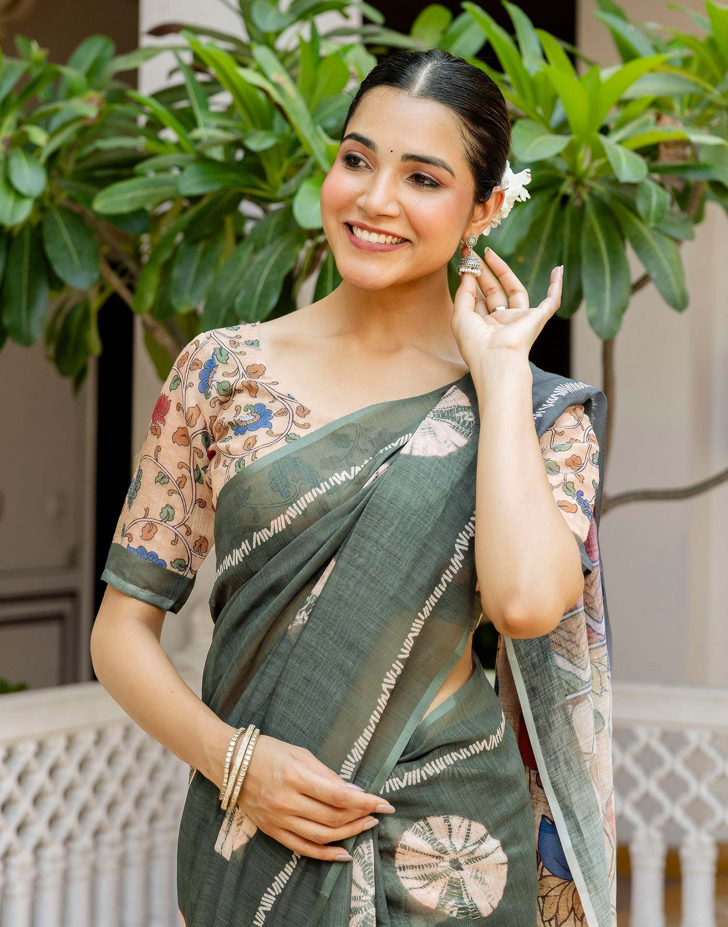 Dark Sage Green Linen Printed Saree