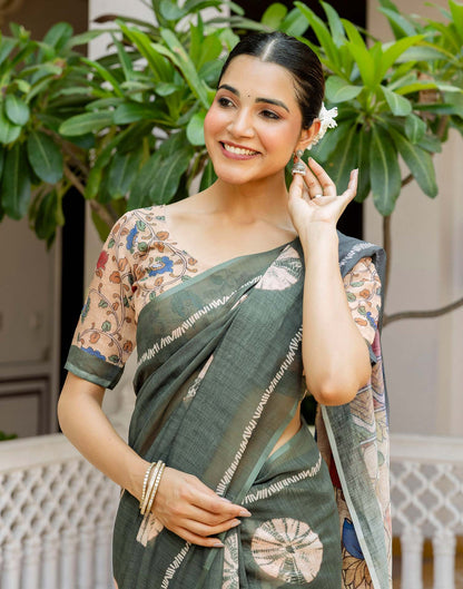 Dark Sage Green Linen Printed Saree