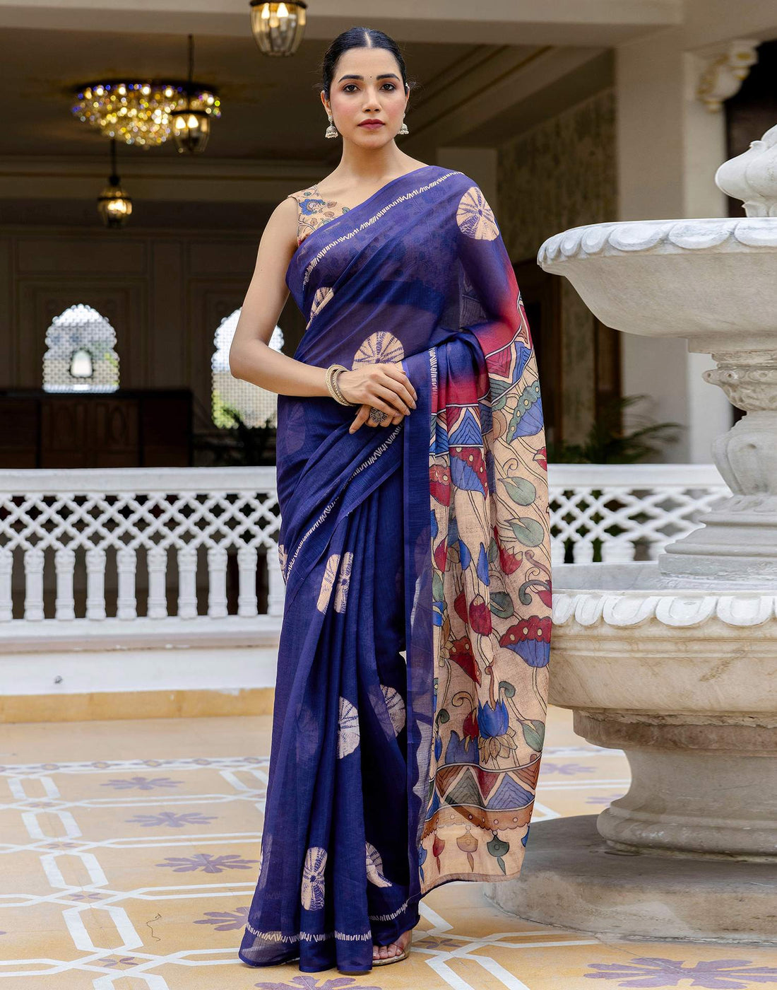 Navy Blue Linen Printed Saree