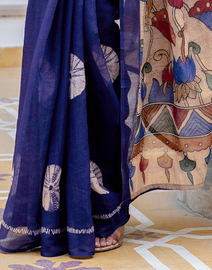 Navy Blue Linen Printed Saree