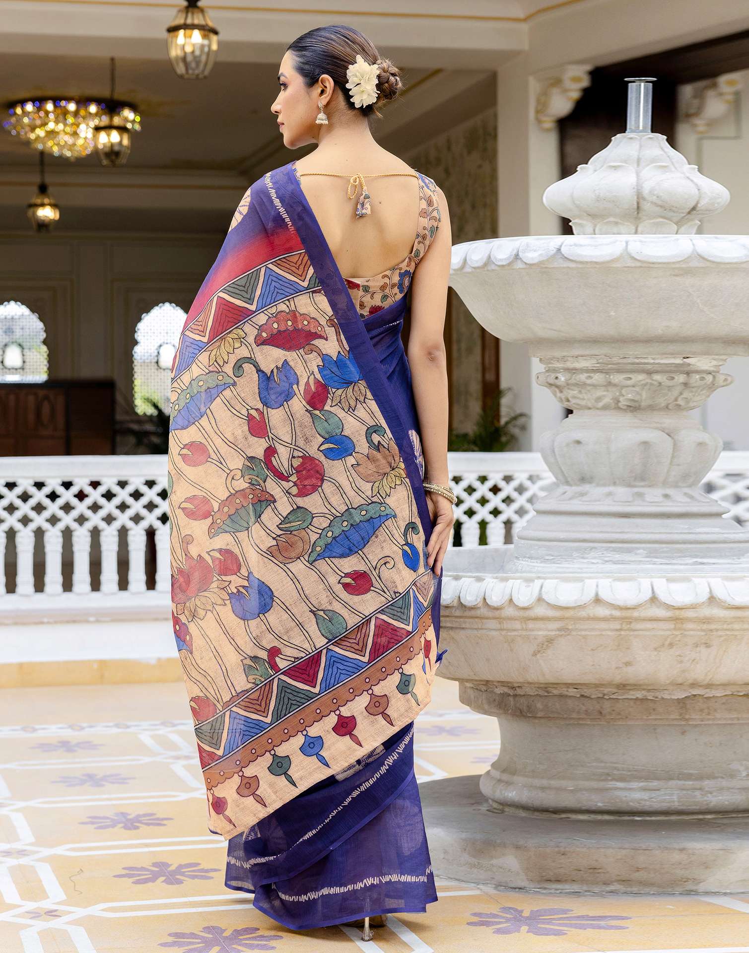 Navy Blue Linen Printed Saree