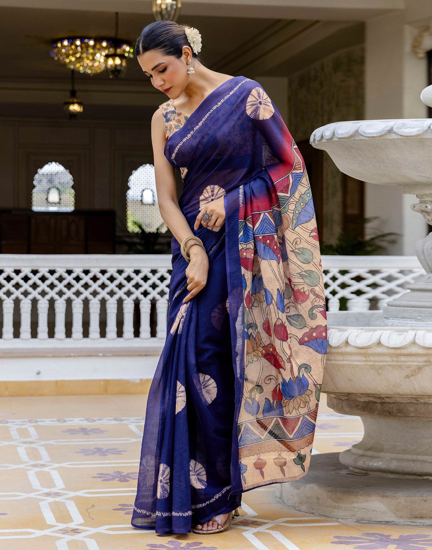 Navy Blue Linen Printed Saree
